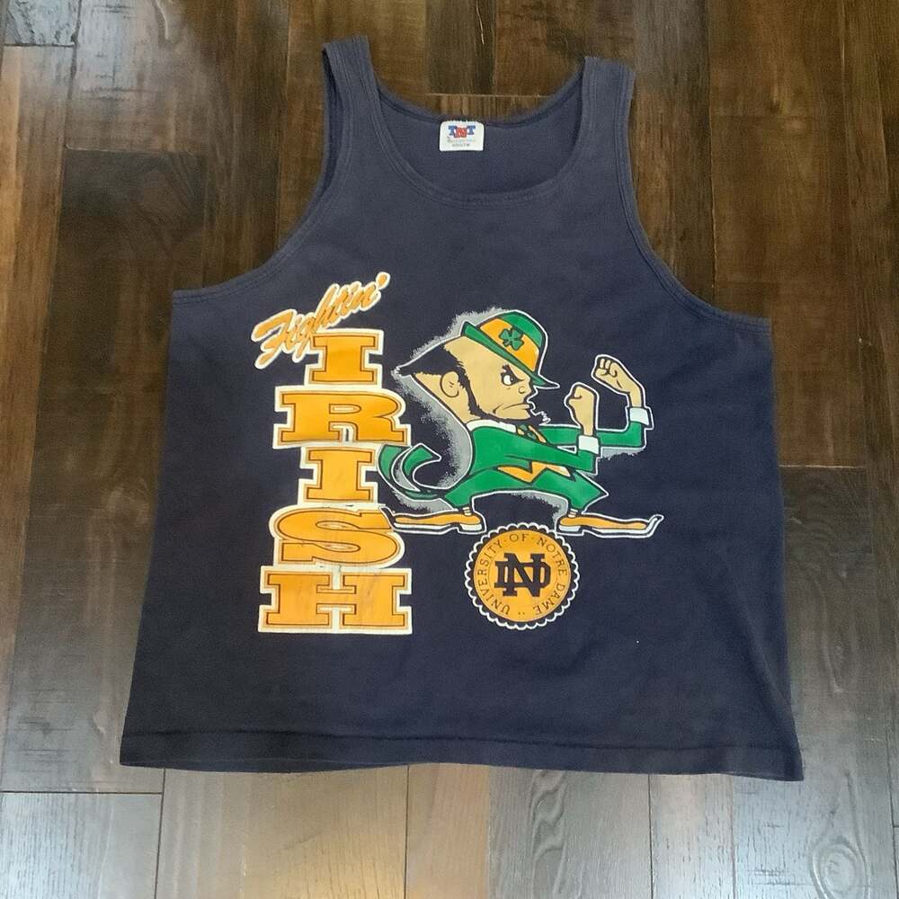 Vintage Made In USA Notre Dame Fighting Irish Graphic Tank Top Navy Blue